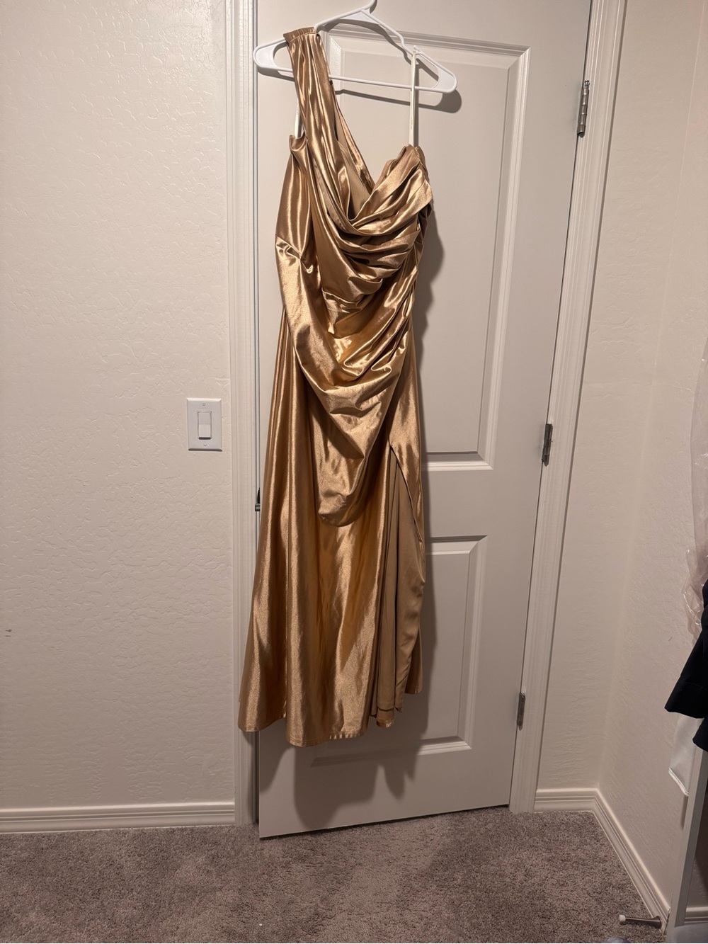 La Gallina Matta Metallic Gold One-Shoulder Draped Satin Gown
